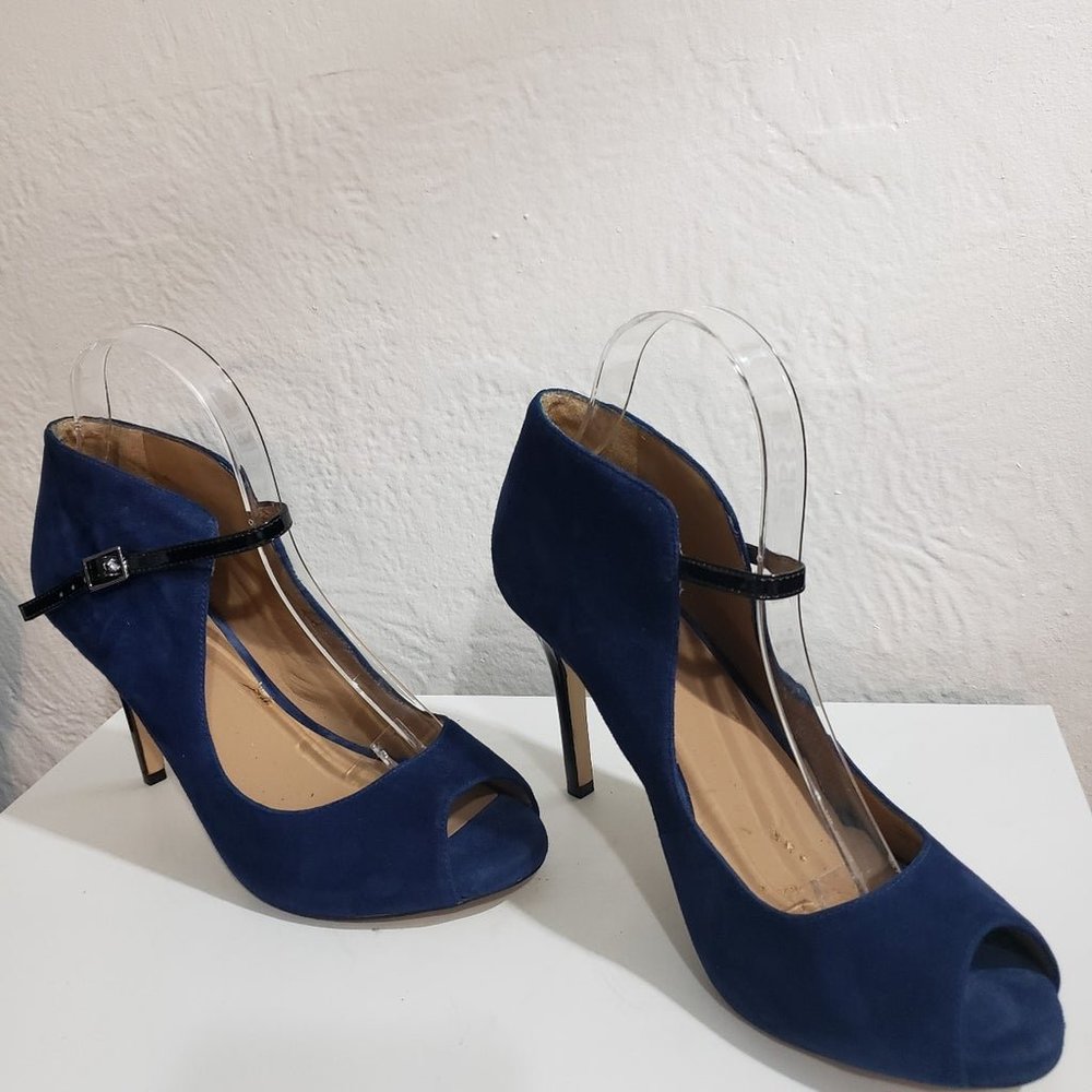 Size 9M; Blue Suede 4ins. Heels; Black Patent ankle & heel accent.